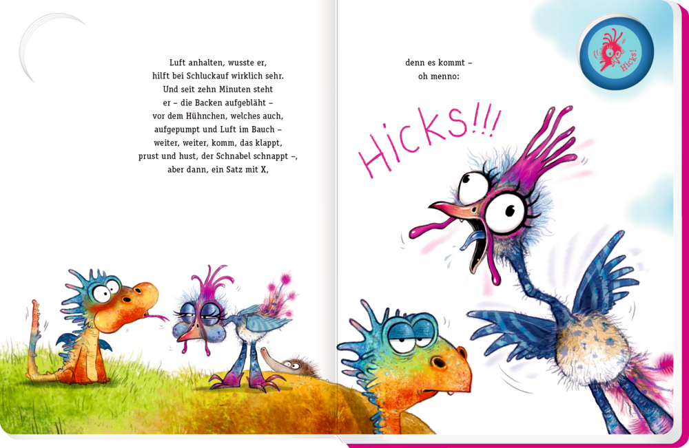 Ein überraschter Drachen beobachten einen Vogel, der auf einer bunten Bilderbuchseite mit Text „HICKS!!!“ schluckt.