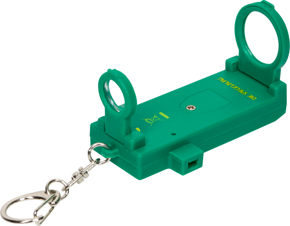 Grüner Schlüsselanhänger mit zwei Lupen im herausgezogenen Zustand und Metallkette mit Verschlussclip.