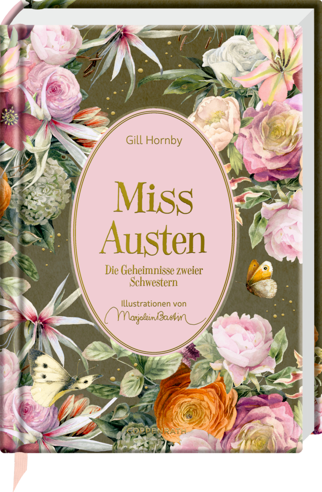 Große Schmuckausgabe (Bastin): Gill Hornby, Miss Austen Floraler Buchumschlag mit Schmetterlingen und kunstvollen rosa und grünen Blumen.
