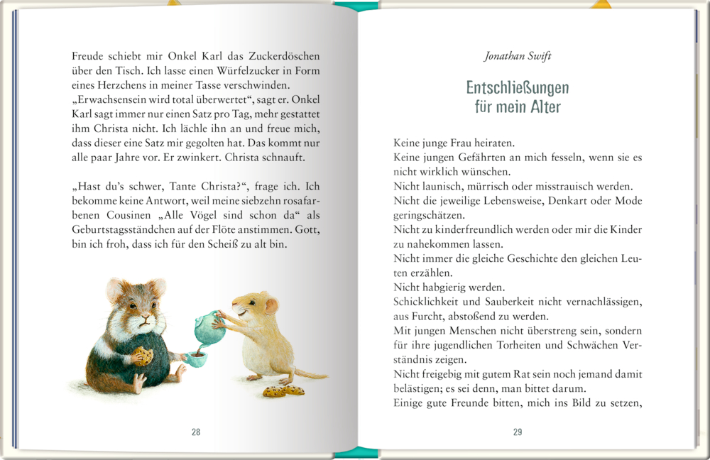 Aufgeschlagenes Buch mit deutschem Text, linke Seite: zwei Mäuse mit Gebäck, rechte Seite: grüne Überschrift.