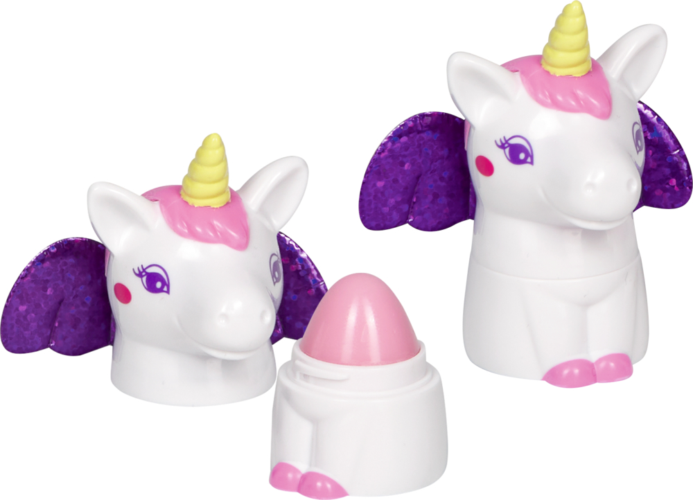 Zwei Einhorn-Lippenbalsam-Behälter mit lila Flügeln und gelben Hörnern, einer geöffnet, zeigt rosa Balsam.