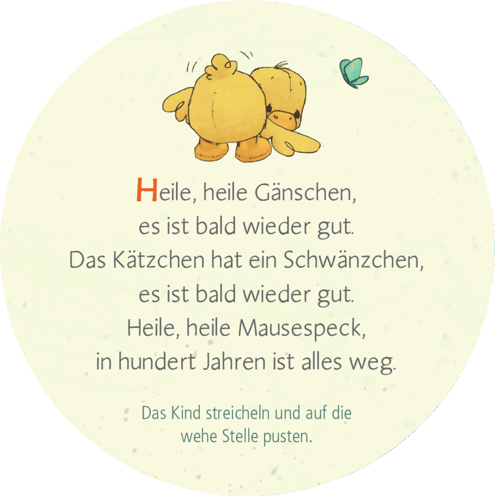 Gelbe Plüsch-Entenhandpuppe mit großem orangefarbenen Schnabel, schwarzen Augen und einem stacheligen Büschel auf dem Kopf.