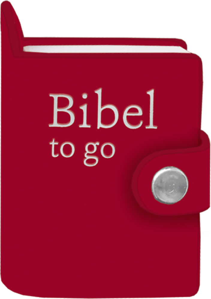 rot, Schlüsselanhänger Bibel to go Kleines rotes Buch mit dem Titel „Bibel to go“ mit einem geknöpften Riemen auf der rechten Seite.