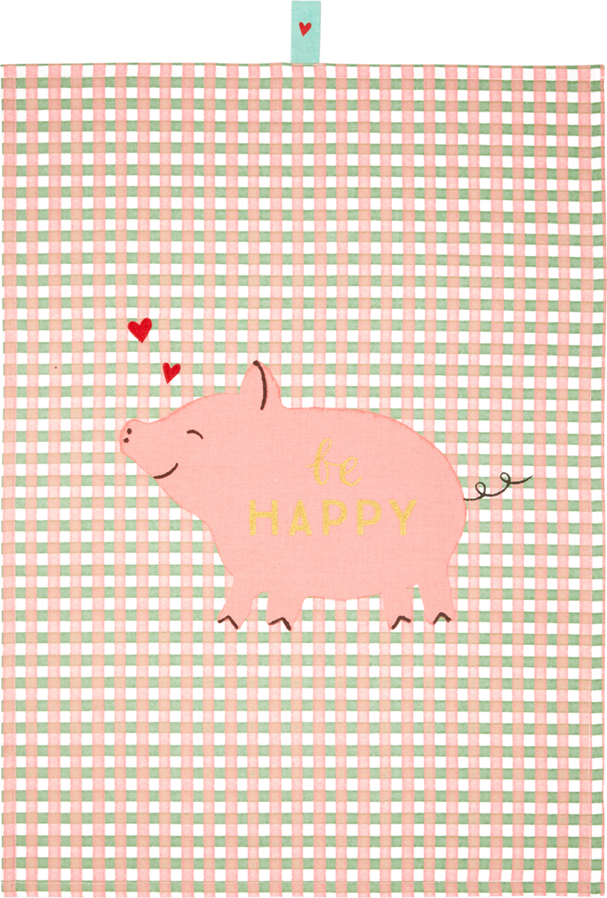 Rosa Schwein, „Be HAPPY“-Text und rote Herzen auf pastellfarbenem kariertem Hintergrund.