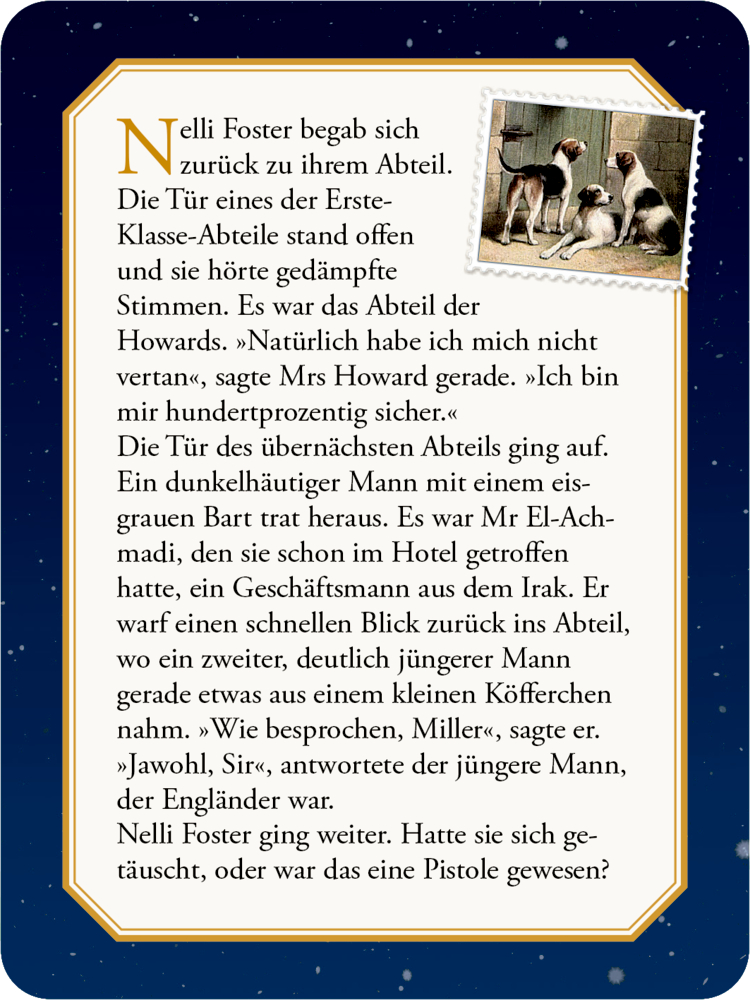 Quiz-Antwort-Seite mit Text, Abbildung von zwei Hunden, die einen dritten Hund beobachten, der auf einem Stuhl sitzt.