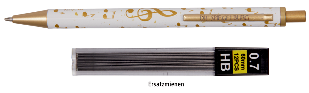 Druckbleistift - All about music Weiß-goldener Druckbleistift mit HB 0,7 mm Ersatzminen, beschriftet mit „Ersatzminen“.