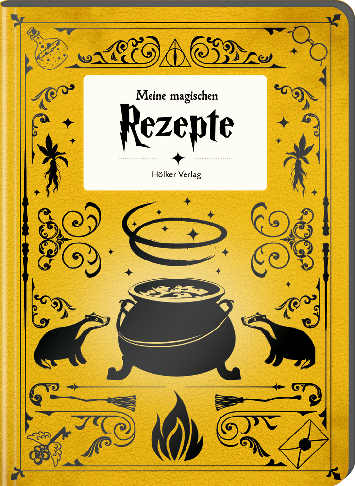 Gelber Bucheinband mit magischen Symbolen, zwei Dachsen, einem Kessel und dem Titel „Meine magischen Rezepte“.