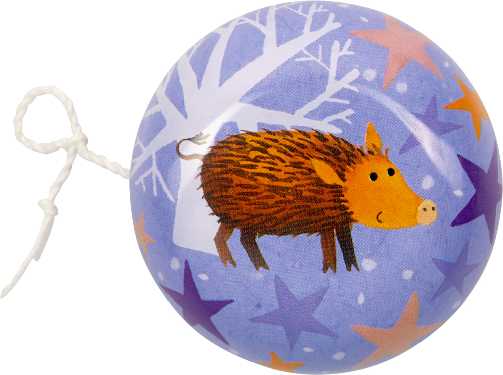 Lilafarbenes Jojo mit einem Wildschwein-Illustration, Sternen und weißem Baum.