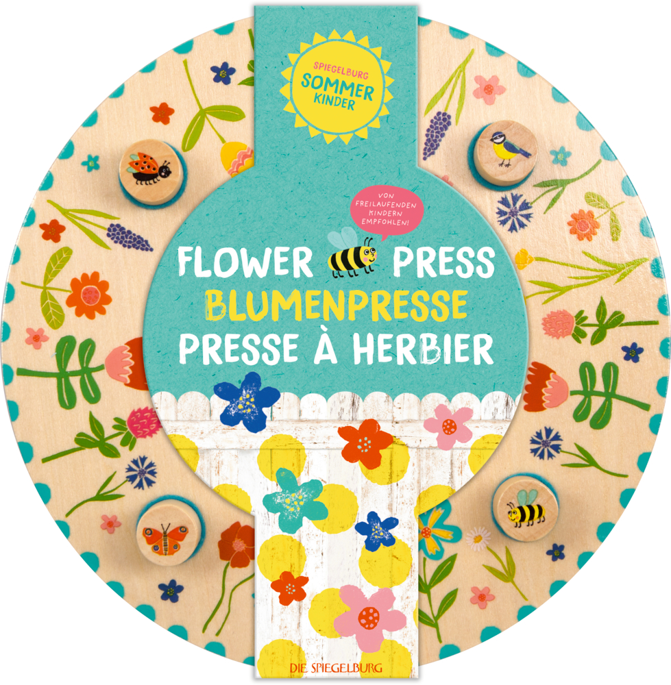 Runde Blumenpresse mit bunten Blumen- und Bienenmotiven, Text auf der Vorderseite in drei Sprachen.
