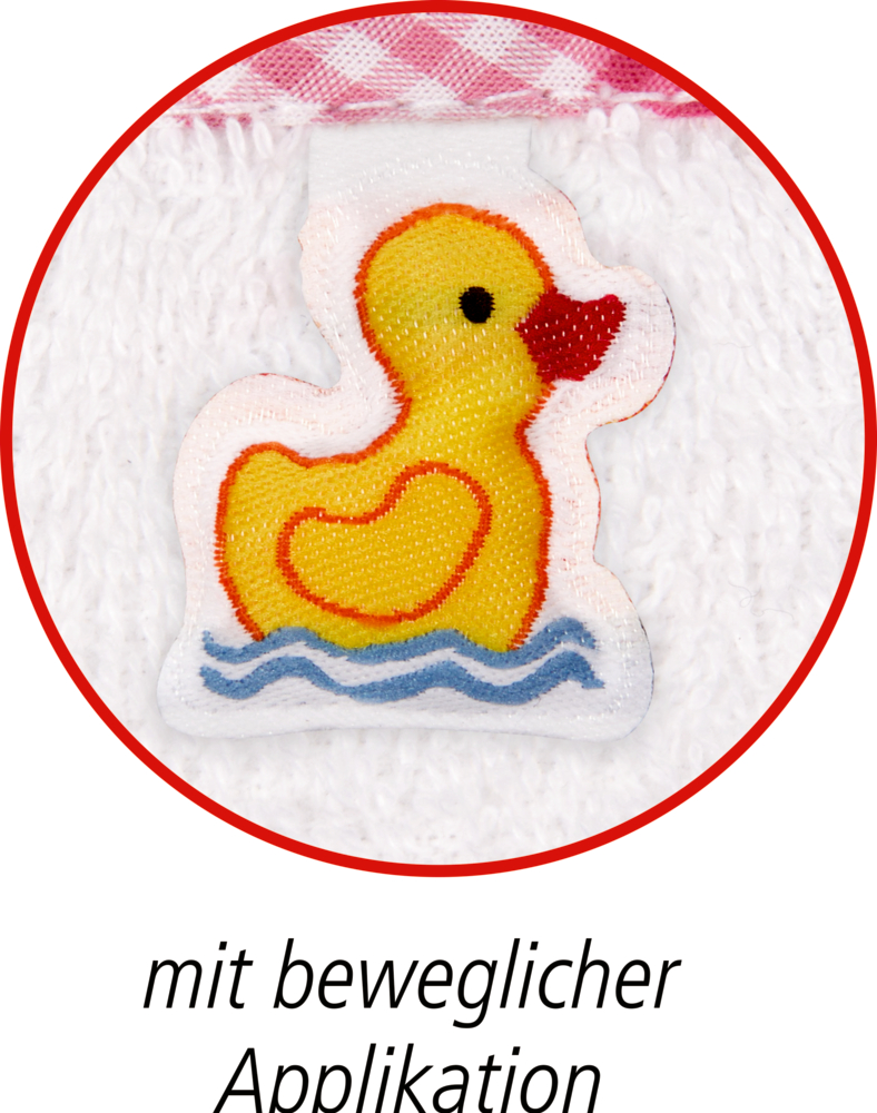 Gelbe Ente mit rotem Schnabel auf blauen Wellen, weißer Stoffhintergrund. TExt: mit beweglicher Applikation.