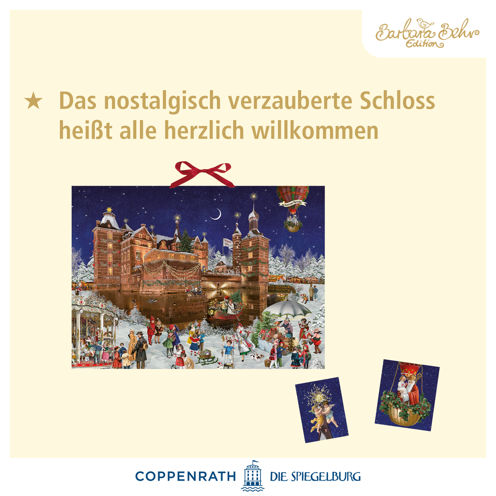 Festliche Schlossszene mit feiernden Menschen; fröhlicher Text heißt alle herzlich willkommen.