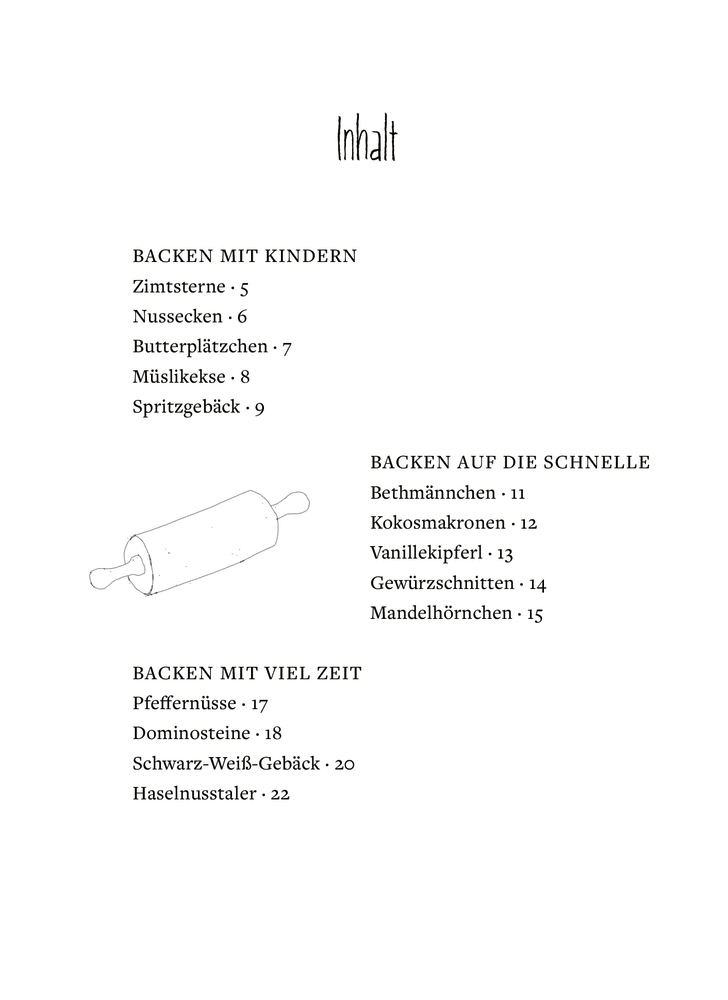 Inhaltsverzeichnis – mit Nudelholz-Illustration und Abschnittsüberschriften auf Deutsch für ein Backbuch.
