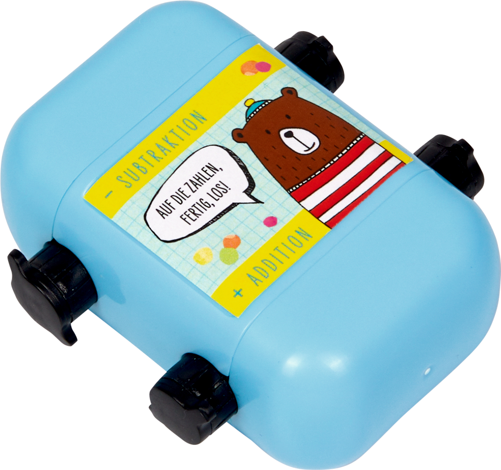 Blaue Rollbox mit Bärenbild und deutschem Text zum Thema Subtraktion und Addition.