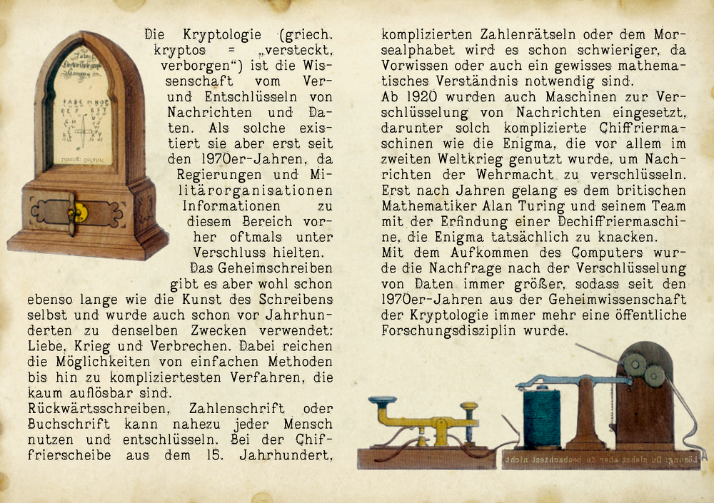 Vintage  Kryptologiekarte mit antiken Chiffriermaschinen und  Text als Beilage.