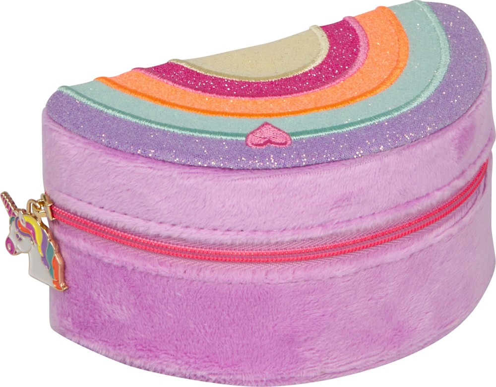 Plüschiges, halbkreisförmiges Schmuckkästchen mit Reißverschluss, Regenbogenfarben und Herz; Einhorn als Zipper.