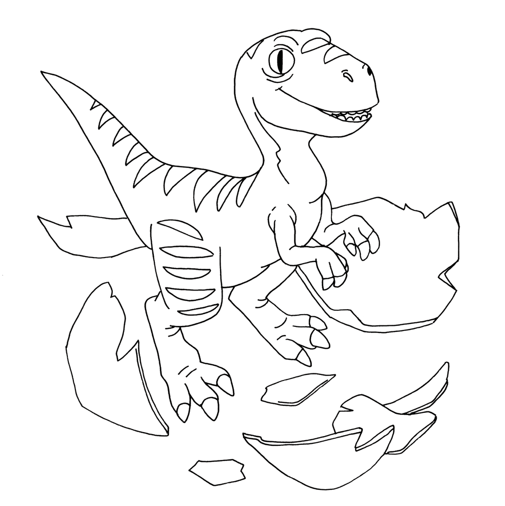 Ein Dinosaurierbaby schlüpft aus einem großen Ei, umgeben von Stücken einer zerbrochenen Eierschale, auf einer Ausmalseite.