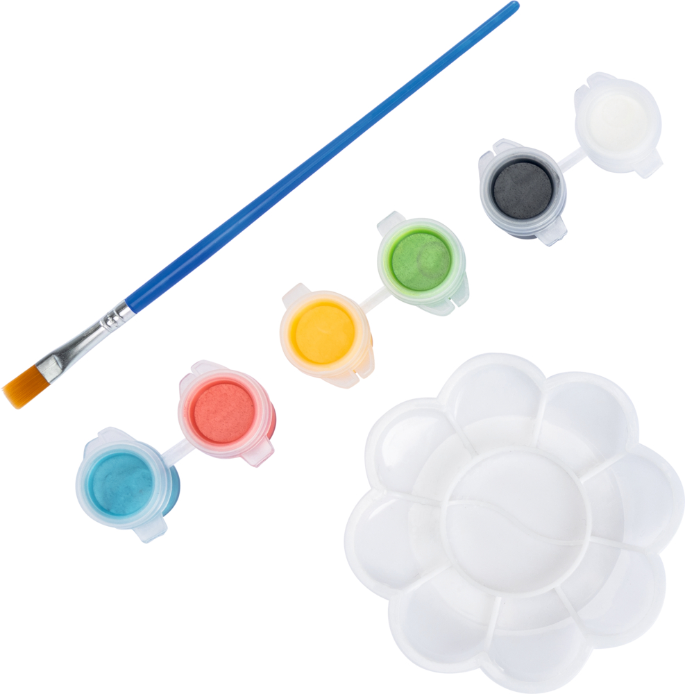 Auf einem weißen Hintergrund sind ein Pinsel, eine Plastikpalette und sechs bunte Farbbehälter angeordnet.