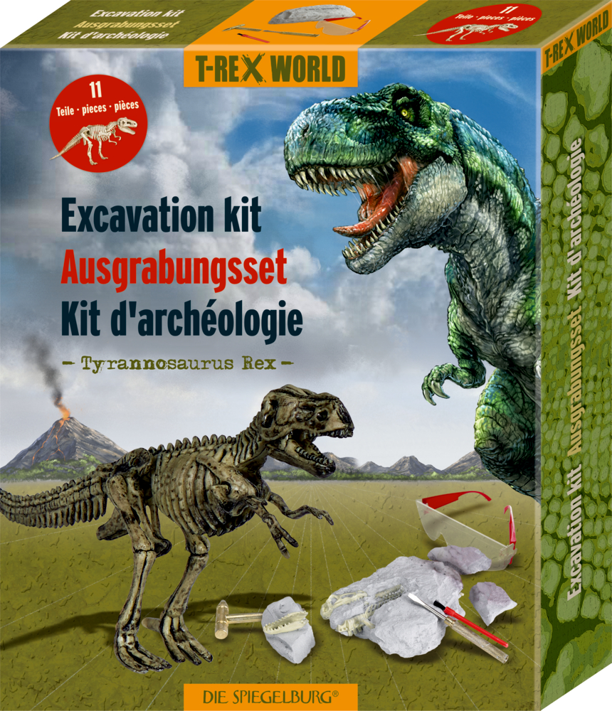 Ausgrabungsset T-Rex  T-Rex World Ausgrabungsset-Box mit T-Rex-Skelett und Grabwerkzeugen, dreisprachig beschriftet.
