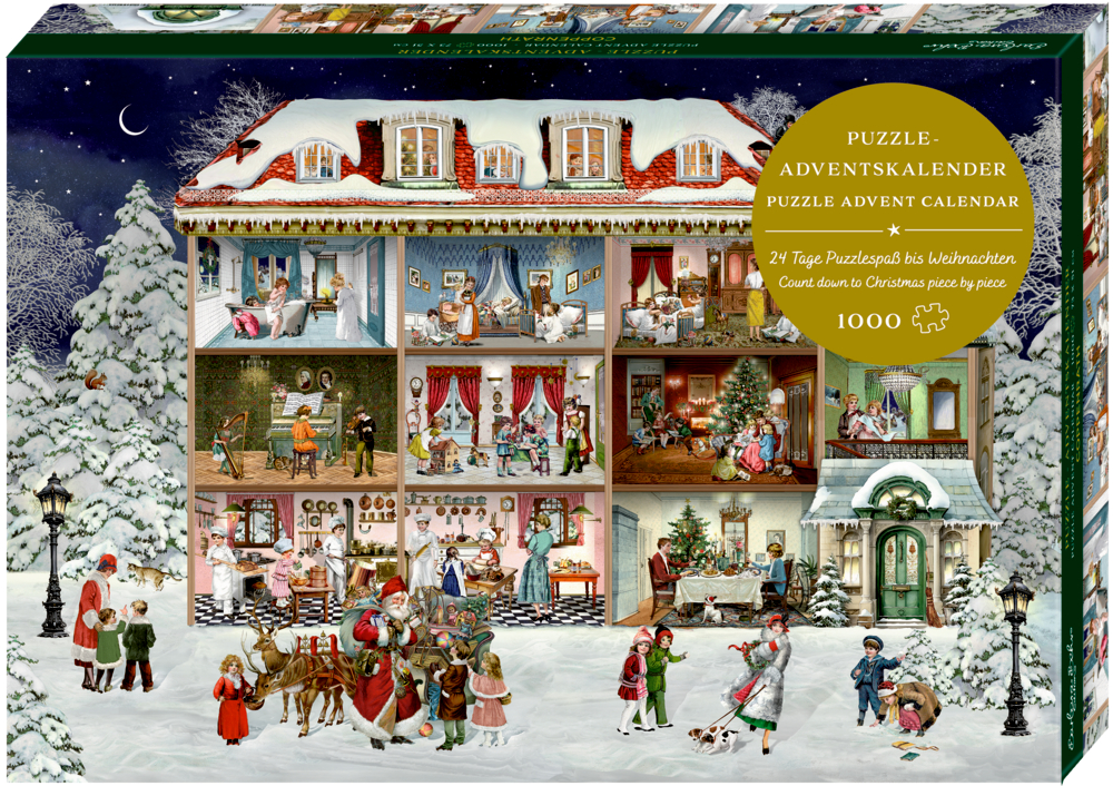 Festlicher Adventskalender mit einer Hausszene, die Menschen zeigt, die drinnen und draußen Weihnachten feiern.