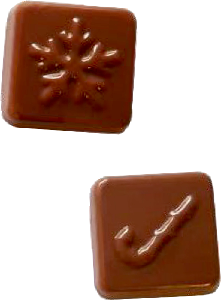 Zwei Beispielmotive der Adventskalenderschokolade, eine mit Schneeflocken-, die andere mit Zuckerstangendekor.