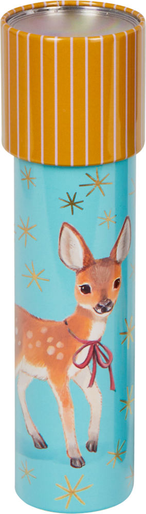 Blaues Kaleidoskop mit gelb gestreifter Oberseite, Rehkitz-Illustration und goldenen Stern-Akzenten.