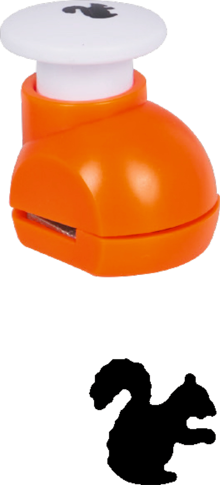 Orange Stanze mit weißem Griff und ausgestanzter Silhouette eines Eichhörnchens.