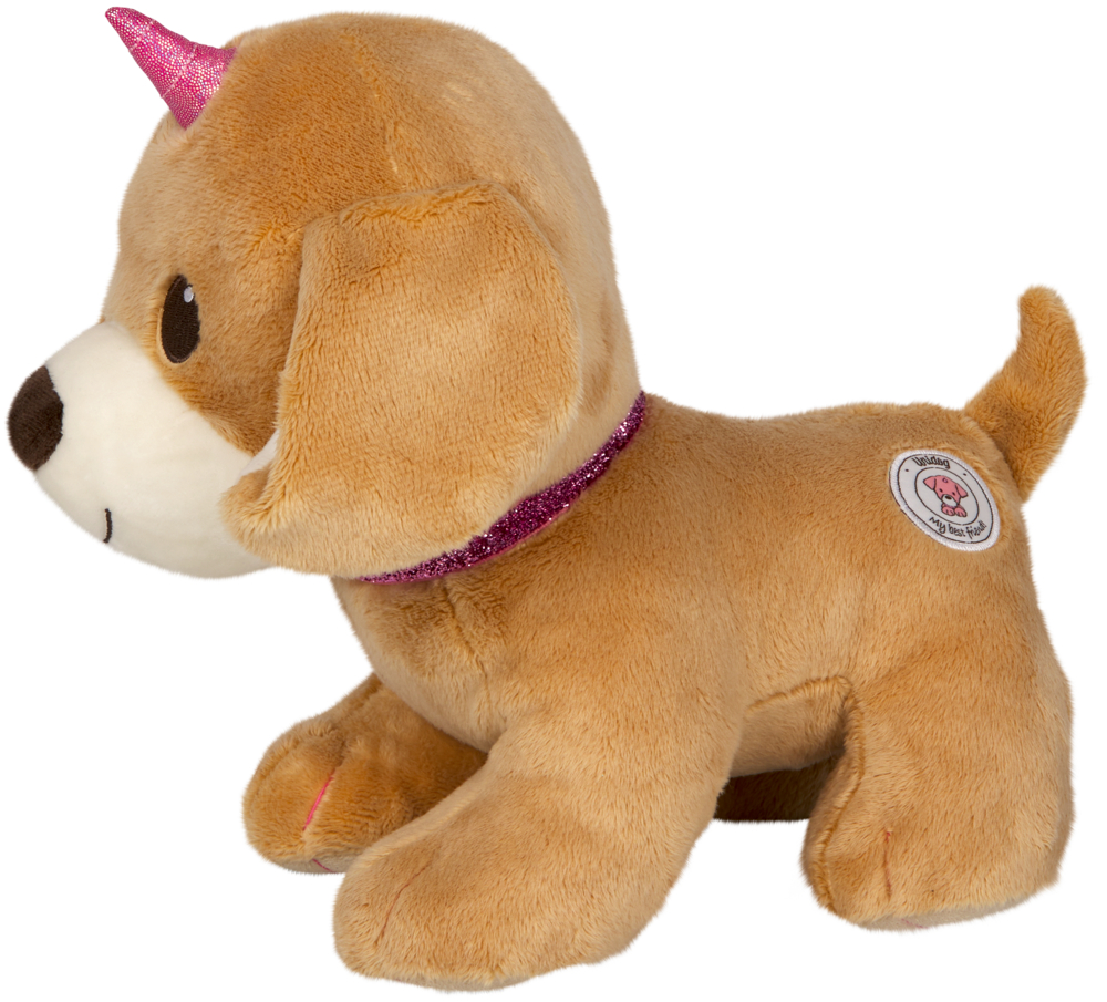 Plüschiger hellbrauner Hund mit pinkem Horn, glitzernden Halsband und einem runden Aufnäher an der Seite.