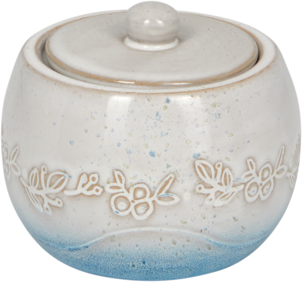 Weiß-blaue Keramikzuckerdose mit Deckel und einem Blumenmuster in der Mitte.