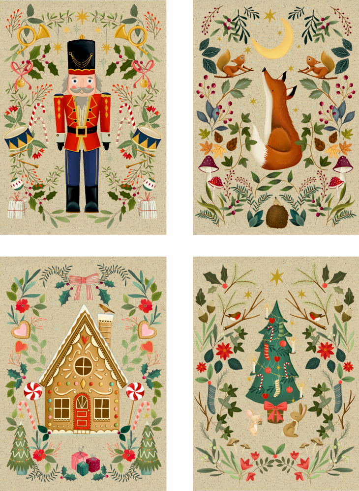 Nussknacker, Fuchs, Lebkuchenhaus und geschmückter Weihnachtsbaum – vier festliche Illustrationen.