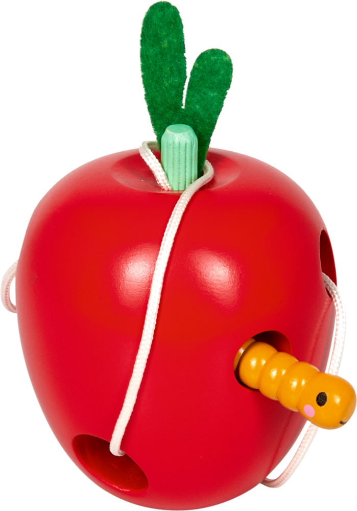 Fädelspiel - Mein kleiner Ponyhof Rotes Apfelspielzeug aus Holz mit Schnur, Filzblättern und daran befestigtem gelben Wurm.