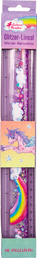 Lila Glitzer-Lineal mit Einhorn- und Regenbogendesigns in pinker Verpackung.