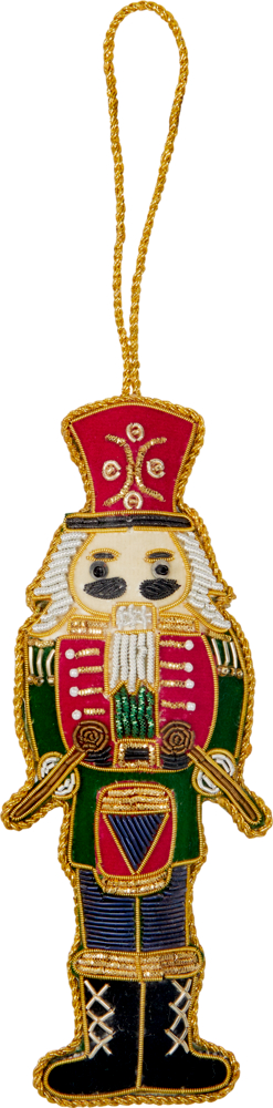 Besticktes Nussknacker-Weihnachtsornament mit Goldrand und einer Aufhängeschlaufe.