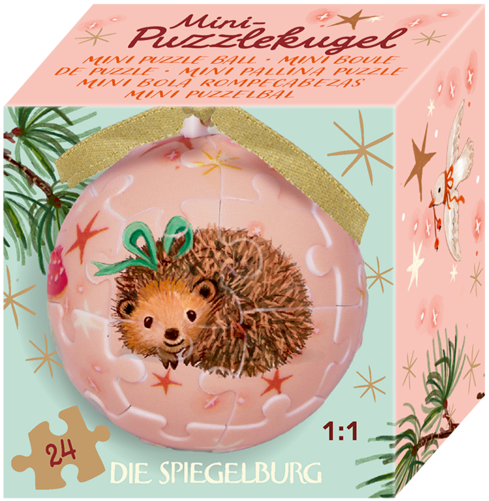 Rosa Puzzleball-Ornament mit einem Igel und einer goldenen Schleife, festlich verpackt für die Feiertage.