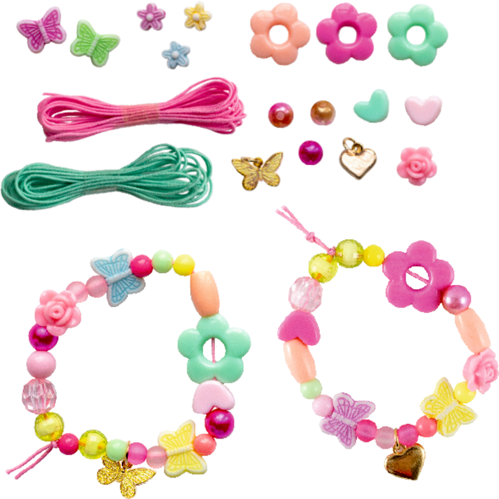 Das Set enthält Perlen, Schnur, Anhänger und zwei fertige, blumig gestaltete Armbänder zum Basteln.