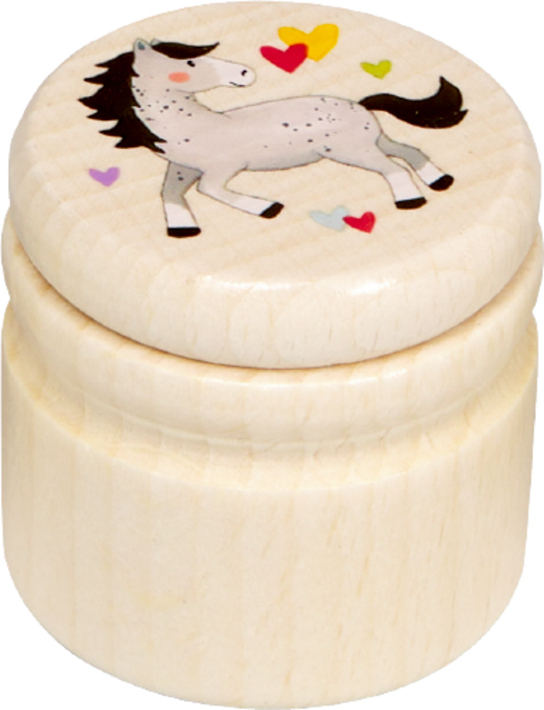 Kleine runde Holzbox mit Deckel, Pferdeabbildung und bunten Herzformen.