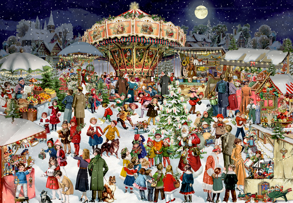 Menschen auf einem weihnachtlich geschmückten Markt mit Karussell, Ständen, Tannenbäumen, Geschenken und Schnee.