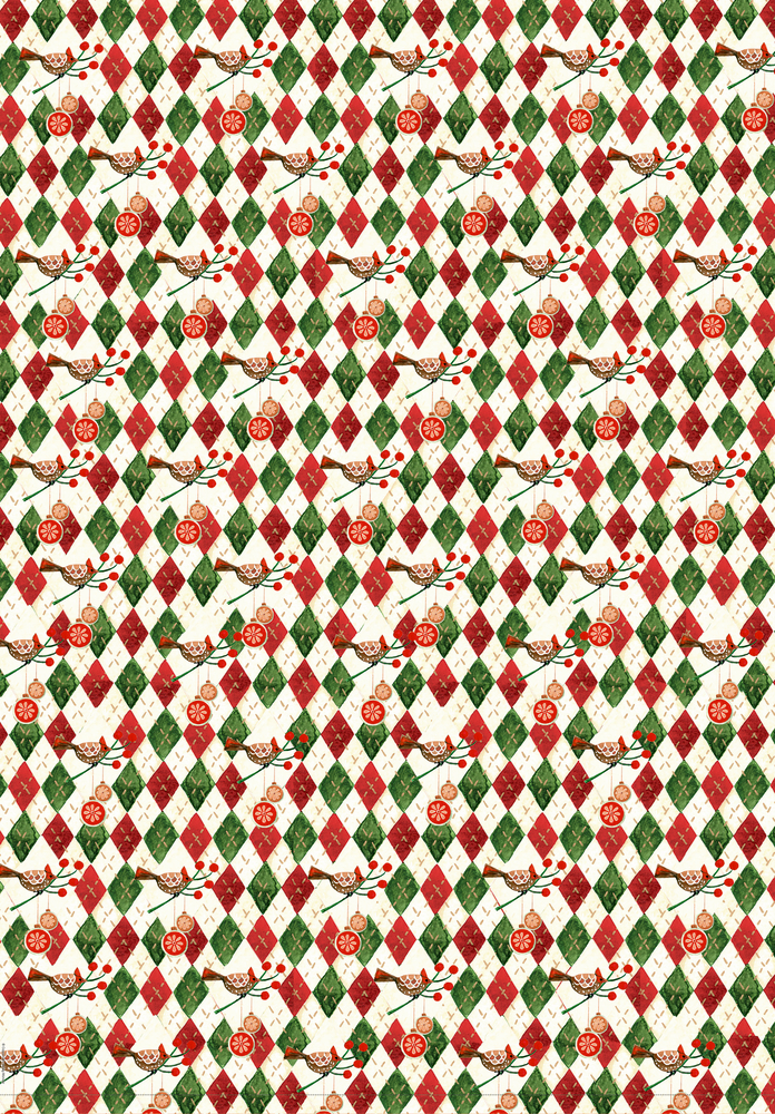 Festliches Argyle-Muster mit roten, grünen und weißen Rauten, Vögeln und Ornamenten, die Stechpalmenzweige halten.