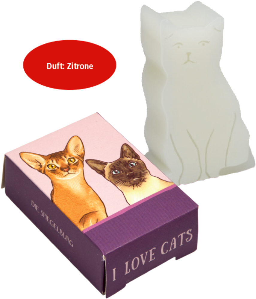 Zitronenduftende Seife in Katzenform in einer „I LOVE CATS“-Box mit Katzenillustrationen auf dem Deckel.