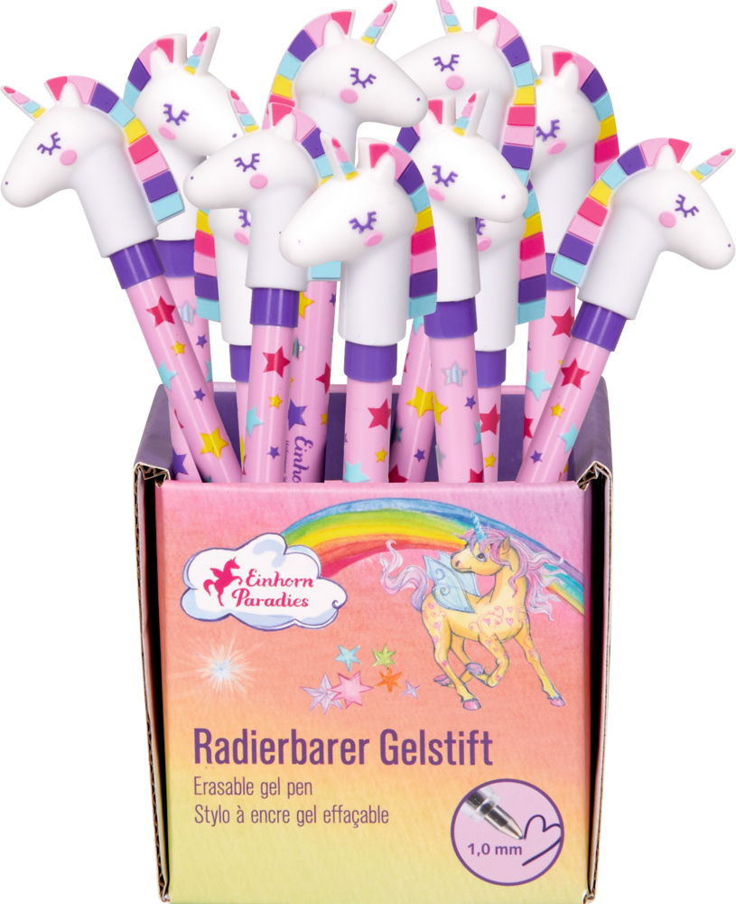 Rosa Bleistift mit Einhorn-Radiergummi, bunten Sternen und dem roten Text „mit Radierer“.