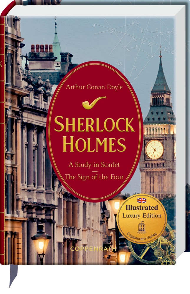 Kleine Schmuckausgabe: Sherlock Holmes (Vol.1), A Study in Scarlet/The Sign of the Four (English Edition) Buchcover von Sherlock Holmes mit Big Ben und der Skyline von London sowie einem rot-goldenen Titeletikett.