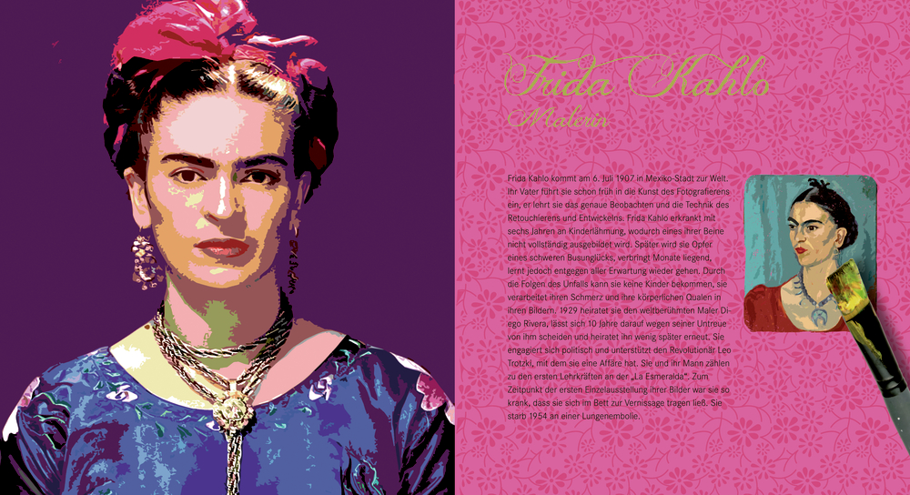 Links: Porträt von Frida Kahlo; rechts: Text mit kleinem Frida-Gemälde.