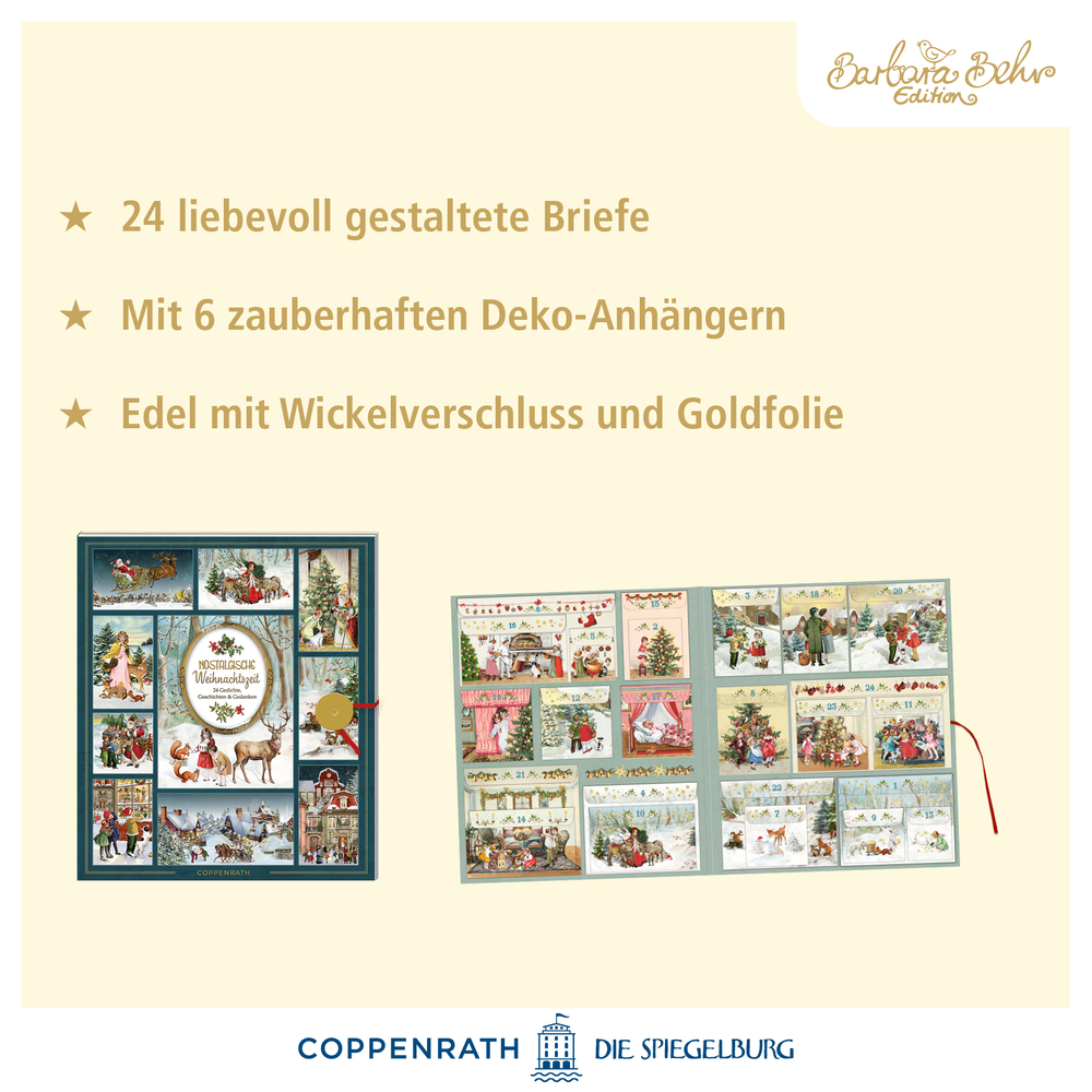 Vintage-Adventskalender mit Feiertagsmotiven, Buchstaben und Ornamenten; Funktionen und Details.