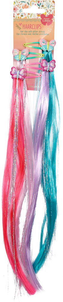 Set mit 4 glitzernden Schmetterlings-Haarspangen mit langen synthetischen Strähnen in Pink, Lila und Blaugrün.