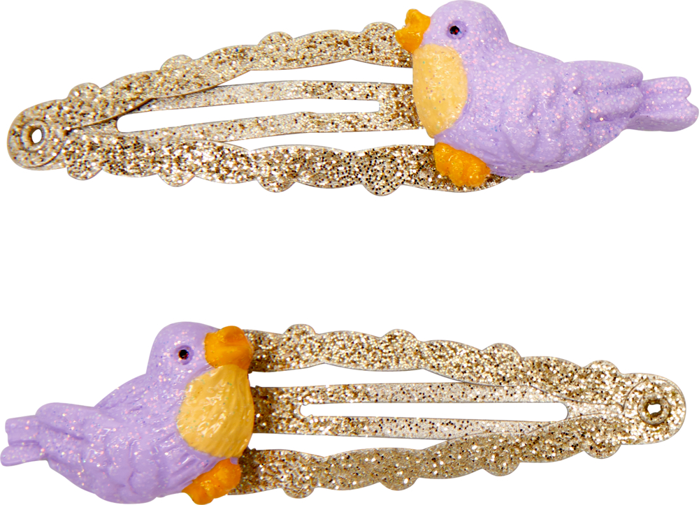 Zwei funkelnde goldene Haarspangen mit einem lilafarbenen Vogel mit gelbem Bauch.