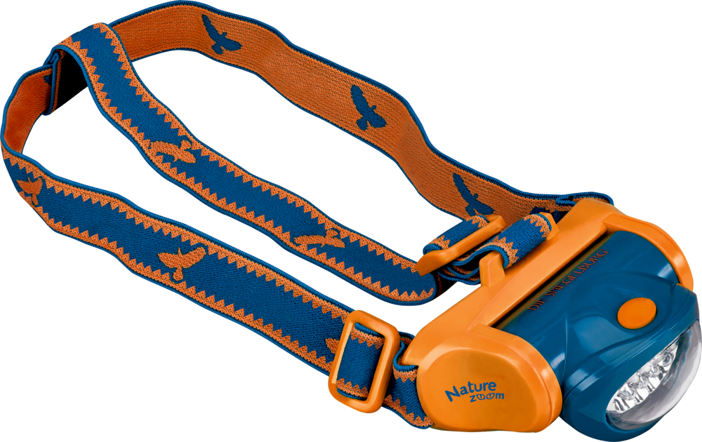 Stirnlampe Nature Zoom (mit 3 Betriebsarten) Blaue und orangefarbene Stirnlampe mit verstellbarem Riemen, Vogelsilhouetten und Nature Zoom-Branding.