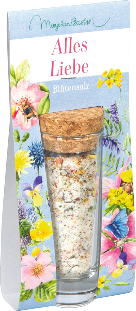 Ein Glasröhrchen Blütensalz und Korken in helblauer Verpackung mit floralem Muster.