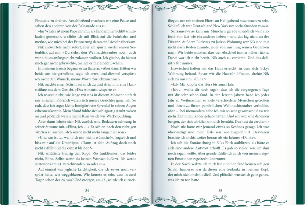 Aufgeschlagenes Buch mit Text auf den Seiten 34 und 35, grünem Rand und weihnachtlich verziertem Seitenrahmen.