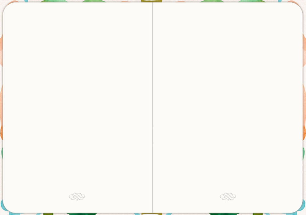 Ein offenes leeres Notizbuch mit farbigem Rand und Ornamenten am unteren Seitenrand.