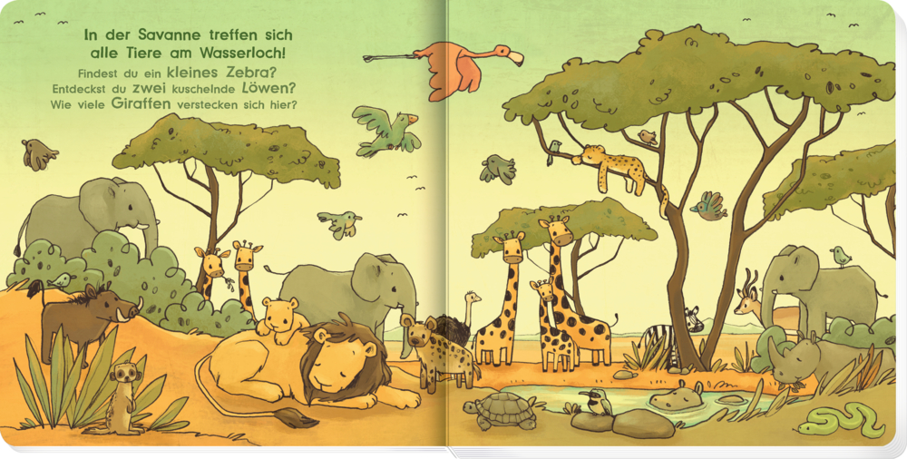 Löwen, Giraffen, Zebras, Vögel und Affen stehen an einem Wasserloch in der Savanne.