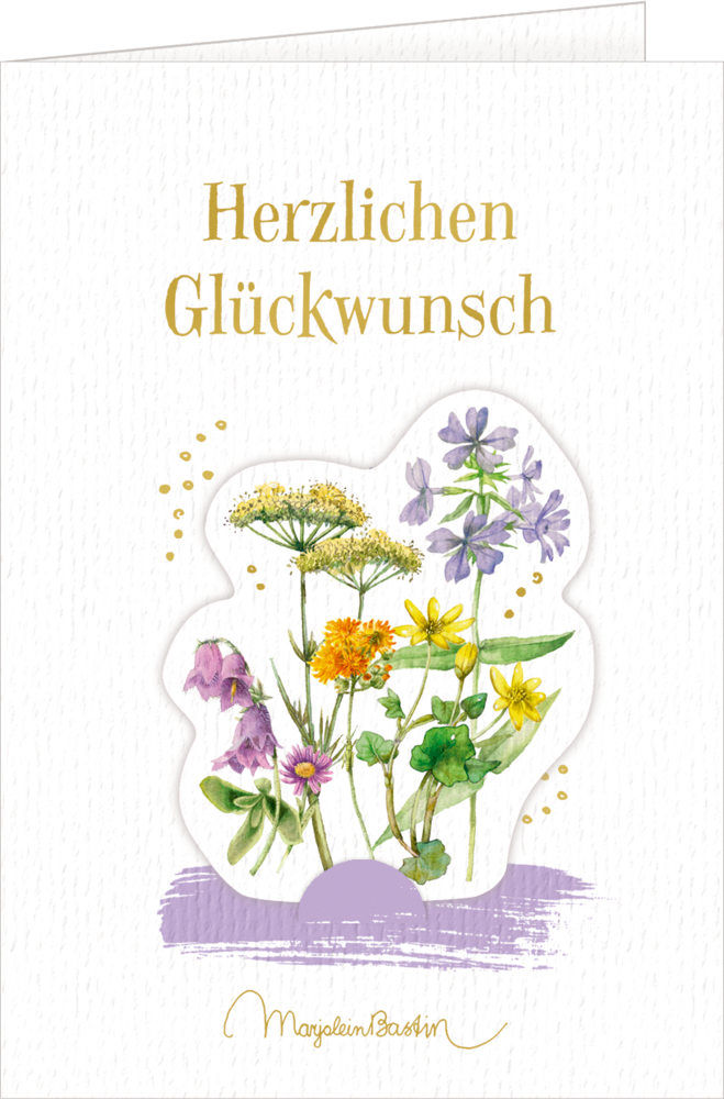 Grußkarte mit der goldenen Aufschrift „Herzlichen Glückwunsch“ und Aquarell-Wildblumen auf weißem Hintergrund.